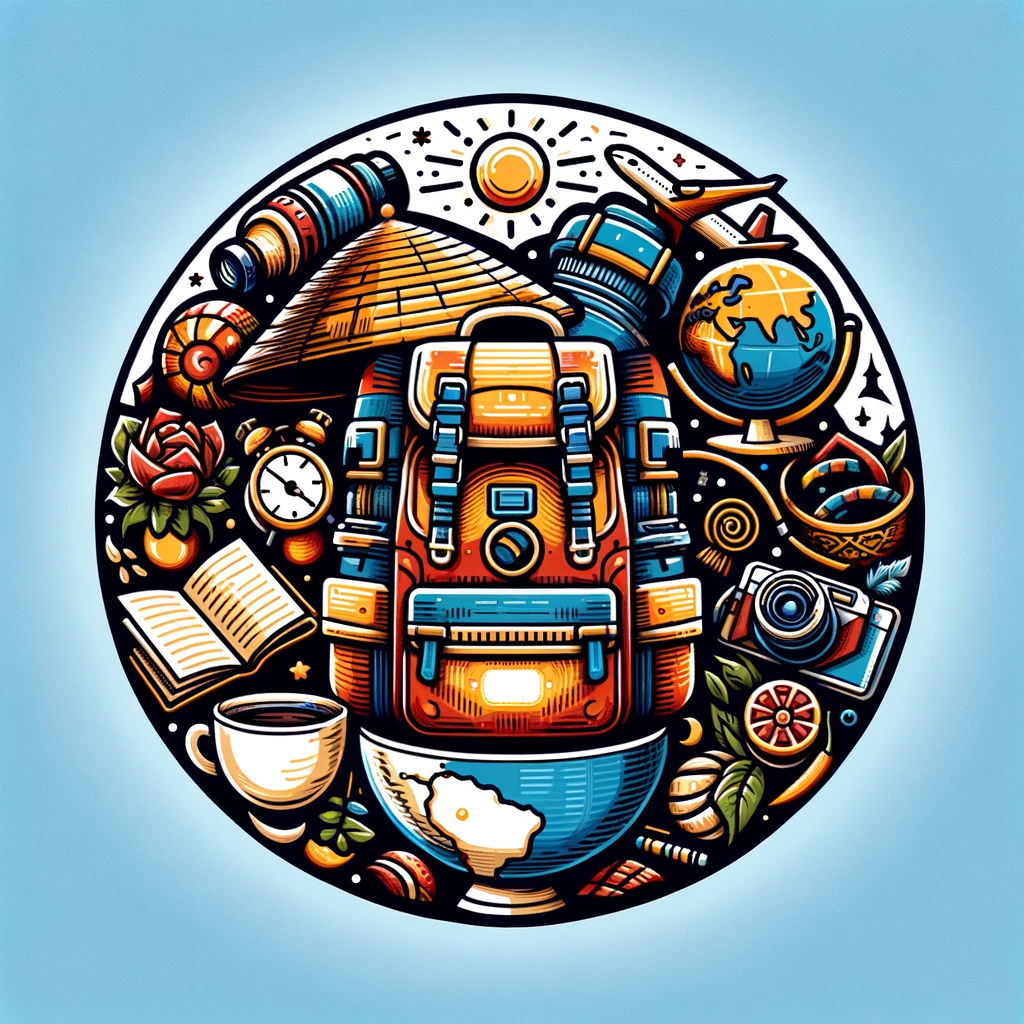 An intricately designed circle featuring a collection of travel-themed illustrations including a backpack, a globe, a camera, a coffee cup, and an open book, all suggesting adventure and exploration.