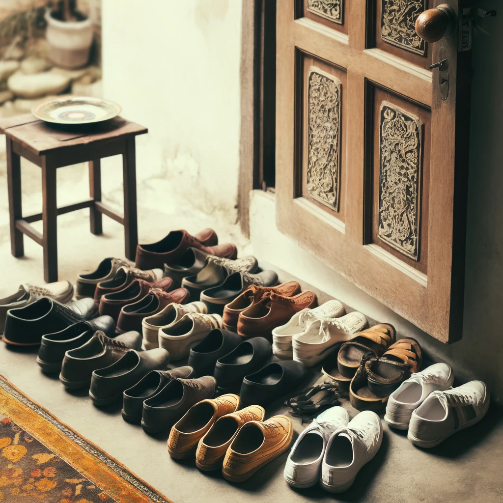 An assortment of shoes lined up outside an ornately carved wooden door, embodying a cultural practice of removing footwear before entering.